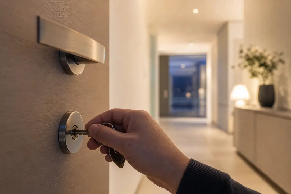 Serrurier ganté ouvrant une porte d'appartement claquée à l'aide d'outils de précision dans un immeuble de Suisse romande