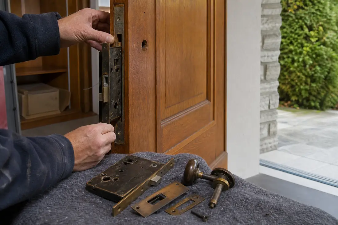 Serrurier remplaçant la serrure d'une porte d'entrée en bois lors de la rénovation d'un appartement suisse